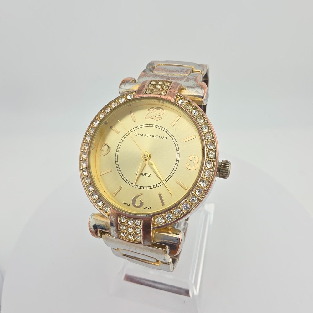 Vintage CHARTER CLUB Ladies Watch Crystal Bezel Bracelet Band Gold Plated 7"